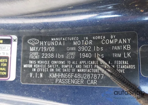 2008 Hyundai Tiburon Gt/Gt Limited/Se z USA, uszkodzony, nr VIN KMHHN66F48U287877